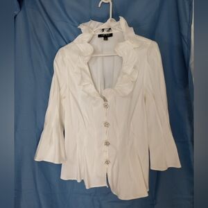 Chetta B White Ruffle Blouse with Floral Buttons